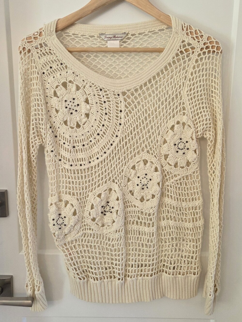 Tommy Bahama Crochet Fishnet Sweater Cream Beaded Boho Coastal Grandma Dainty
